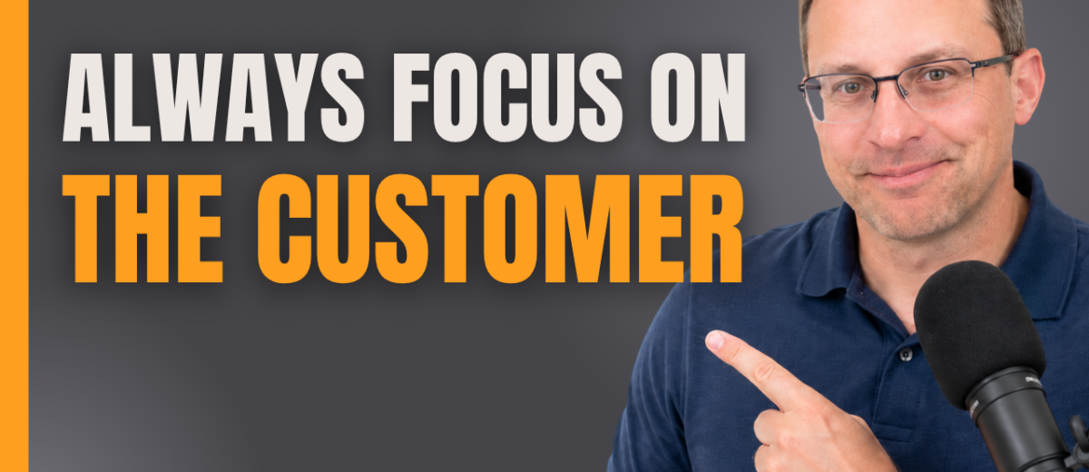 Man pointing, customer focus message.